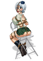Rule 34 | 1girl, arms behind back, ass, ball gag, bdsm, blush, bondage, bound, breasts, fairy tail, female focus, full body, gag, gagged, highres, large breasts, panties, reverse prayer, sitting, sketch lanza, skirt, solo, underwear, white background, yukino aguria