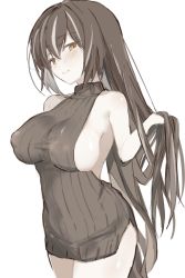 Rule 34 | 1girl, arknights, black hair, black sweater, blush, breasts, covered erect nipples, cowboy shot, highres, holding, holding own hair, large breasts, long hair, looking at viewer, magallan (arknights), meme attire, multicolored hair, naked sweater, otsumami (02mami), sideboob, simple background, solo, streaked hair, sweater, very long hair, virgin killer sweater, white background, white hair, yellow eyes