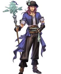 Rule 34 | 1boy, alternate costume, belt, boots, feathers, fingerless gloves, fire emblem, fire emblem: the binding blade, fire emblem heroes, full body, geese (fire emblem), gloves, hat, highres, long hair, male focus, matching hair/eyes, nintendo, official art, open mouth, pirate hat, polearm, purple eyes, purple hair, solo, spear, transparent background, weapon