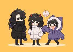 Rule 34 | 2boys, alternate costume, animal hood, black coat, black eyes, black hair, black pants, blush, bright pupils, cellphone, chibi, chocorocotan, closed mouth, coat, commentary, covered mouth, creature, crossed arms, english commentary, fang, full body, fur trim, han sooyoung, hand in pocket, highres, holding, holding phone, hood, hood up, horns, kim dokja, long sleeves, looking at another, looking at phone, mole, mole under eye, multiple boys, omniscient reader&#039;s viewpoint, open mouth, pants, phone, purple coat, red horns, shin yoosung, short hair, simple background, sleeves past fingers, sleeves past wrists, smartphone, smile, standing, white coat, white pupils, winter clothes, yellow background, yoo joonghyuk