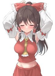 Rule 34 | 1girl, absurdres, ascot, blush, bow, breasts, brown hair, closed eyes, closed mouth, commentary request, detached sleeves, facing viewer, frilled bow, frilled hair tubes, frills, hair bow, hair tubes, hakurei reimu, highres, long hair, medium breasts, ponytail, red bow, red skirt, skirt, skirt set, solo, touhou, tying hair, youmu-kun