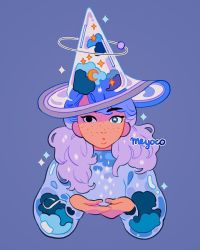 Rule 34 | 1girl, artist name, bad id, bad instagram id, black eyes, blue eyes, cloud, crescent, crescent moon, freckles, hat, heterochromia, highres, long sleeves, looking at viewer, meyoco, moon, orbit, original, parted lips, puffy sleeves, purple background, purple hair, see-through, simple background, solo, sparkle, star-shaped pupils, star (symbol), symbol-shaped pupils, upper body, witch hat