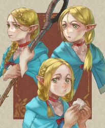 Rule 34 | 1girl, absurdres, blonde hair, blue capelet, braid, capelet, choker, dungeon meshi, eating, elf, food, green eyes, highres, holding, holding food, holding staff, hood, hooded capelet, marcille donato, multiple braids, multiple views, pointy ears, red choker, staff, yomoyama yotabanashi