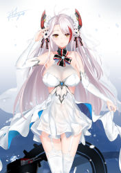 Rule 34 | 1girl, adapted costume, alternate costume, antenna hair, arm behind back, azur lane, bare shoulders, between legs, blush, breasts, bridal gauntlets, bridal veil, brown eyes, chaciooh, cleavage, closed mouth, clothes lift, collarbone, covered navel, cross, dated, dress, dress lift, finger to mouth, flower, garter straps, gloves, hair between eyes, hair ornament, half-closed eyes, hand between legs, headgear, highres, iron cross, large breasts, lifted by self, light particles, light smile, long hair, looking at viewer, mole, mole on breast, multicolored hair, nail polish, no bra, petals, pink nails, prinz eugen (azur lane), prinz eugen (symphonic fate) (azur lane), red hair, rigging, salute, see-through, signature, smile, solo, standing, thighhighs, thighs, two side up, veil, very long hair, wedding dress, white dress, white flower, white gloves, white hair, white thighhighs