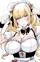 Rule 34 | 1girl, animal ears, bare shoulders, blonde hair, blush, breasts, cat ears, cleavage, commentary, corset, detached collar, embarrassed, fake animal ears, headdress, highres, large breasts, miyoshi (triple luck), nijisanji, open mouth, paw pose, purple eyes, simple background, sketch, sweatdrop, takamiya rion, takamiya rion (3rd costume), twintails, virtual youtuber, wristband