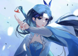 Rule 34 | 1girl, blue eyes, blue hair, chinese clothes, closed mouth, collarbone, earrings, feather hair ornament, feathers, hair ornament, hanfu, highres, jewelry, long hair, long sleeves, looking at viewer, nail polish, necklace, original, parted bangs, red nails, ring, solo, sword, upper body, vardan, weapon, wide sleeves