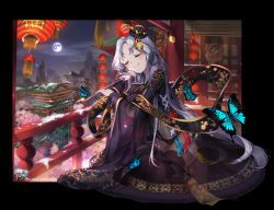 Rule 34 | 1girl, animal, architecture, black border, black hat, black kimono, black panties, black thighhighs, blush, border, bug, butterfly, cityscape, closed eyes, closed mouth, cloud, cloudy sky, commission, east asian architecture, facing viewer, flower, full moon, fur-trimmed sleeves, fur trim, hat, highres, holding, holding smoking pipe, insect, japanese clothes, kimono, kiseru, kyjsogom, lantern, long hair, long sleeves, mini hat, moon, mountain, navel, night, night sky, original, outside border, panties, paper lantern, parted bangs, pink flower, railing, see-through, silver hair, sky, smile, smoking pipe, snow, solo, star (sky), starry sky, thighhighs, tree, underwear, very long hair, watermark, web address, wide sleeves