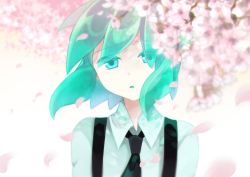 Rule 34 | 1other, androgynous, black necktie, blurry, blurry foreground, cherry blossoms, collared shirt, colored eyelashes, depth of field, flower, gem uniform (houseki no kuni), green eyes, green hair, head tilt, houseki no kuni, mizuhotsuki, necktie, parted lips, petals, phosphophyllite, pink flower, shirt, solo, suspenders, white shirt