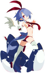 Rule 34 | 1girl, ass, bikini, blue hair, boots, detached wings, disgaea, disgaea rpg, fins, fish tail, full body, gloves, hair over one eye, hairband, official art, photoshop (medium), pleinair, pointy ears, red bikini, red eyes, shark, shark tail, short hair, simple background, single glove, solo, swimsuit, tail, thigh boots, white background, wings