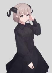 Rule 34 | 1girl, absurdres, black dress, black horns, closed mouth, collared dress, commentary request, dress, feet out of frame, goat horns, grey background, grey eyes, grey hair, hand on own face, hand up, highres, horns, light smile, long sleeves, original, shiratakiseaice, short hair, simple background, solo