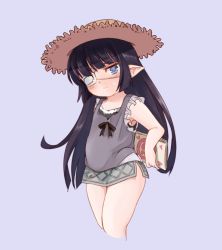 Rule 34 | 10s, 1girl, alternate costume, black hair, blue background, blue eyes, blush, book, camisole, camisole over clothes, casual, closed mouth, content rating, cropped legs, eyebrows, eyepatch, frills, granblue fantasy, harvin, headgear, heart, holding, holding book, iwanya, long hair, looking at viewer, lunalu (granblue fantasy), pointy ears, simple background, skirt, solo, sweatdrop, very long hair