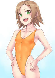 Rule 34 | 1girl, brown hair, cowboy shot, flat chest, green eyes, hai (h81908190), hands on own hips, highleg, highleg swimsuit, one-piece swimsuit, open mouth, orange one-piece swimsuit, original, short hair, simple background, smile, solo, standing, swimsuit, white background