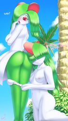 Rule 34 | 2girls, artist name, ass, blue sky, blush, breasts, bush, cloud, collarbone, creatures (company), day, embarrassed, english text, female focus, from behind, galaxyoron, game freak, gen 3 pokemon, green hair, hair over eyes, hair over one eye, hand to own mouth, hands up, heart, highres, kirlia, kneeling, long hair, looking back, looking down, medium breasts, multiple girls, navel, nintendo, nipples, no humans, open mouth, outdoors, palm tree, panties, panty pull, personification, pokemon, pokemon (creature), pokemon rgby, pussy, ralts, red eyes, revision, short hair, signature, sky, smile, spoken heart, surprised, talking, text focus, tree, uncensored, underwear, watermark, white panties
