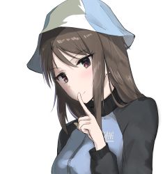 Rule 34 | 10s, 1girl, bad id, bad pixiv id, blue hat, blush, brown eyes, brown hair, closed mouth, figurehead (artist), finger to mouth, girls und panzer, hat, highres, index finger raised, jacket, looking at viewer, mika (girls und panzer), shushing, sidelocks, simple background, smile, solo, upper body, white background