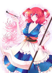 Rule 34 | 1girl, bad id, bad pixiv id, breasts, cleavage, female focus, hair bobbles, hair ornament, highres, kiseru, large breasts, onozuka komachi, smoking pipe, red eyes, red hair, scythe, shino (mijinko), short hair, solo, touhou, twintails, two side up