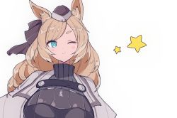 Rule 34 | 1girl, animal ears, arknights, black hat, black ribbon, blonde hair, blue eyes, breasts, cape, commentary request, hair between eyes, hair ribbon, hat, kingdom of kazimierz logo, long hair, medium breasts, mini hat, one eye closed, open mouth, ribbon, sideways glance, simple background, smile, solo, star (symbol), upper body, whislash (arknights), white background, white cape, yuzu7s