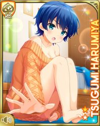 Rule 34 | 1girl, :o, bare shoulders, barefoot, bed, bedroom, blue hair, bottomless, breasts, card (medium), character name, day, female focus, girlfriend (kari), harumiya tsugumi, indoors, looking at viewer, medium breasts, official art, open mouth, orange sweater, qp:flapper, red eyes, short hair, sitting, sleeves past wrists, solo, sunlight, sweater, tagme