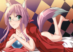 Rule 34 | 1girl, animal ears, bad id, bad pixiv id, barefoot, blush, crystal ball, fox ears, fox tail, glasses, green eyes, legs up, long hair, lying, on stomach, purple hair, solo, tail, tomabechi