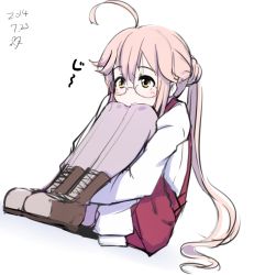 Rule 34 | 10s, 1girl, 2014, ahoge, blush, dated, glasses, kantai collection, hugging own legs, long hair, makigumo (kancolle), momo (higanbana and girl), pantyhose, pink hair, school uniform, sitting, skirt, sleeves past wrists, solo, twintails, yellow eyes