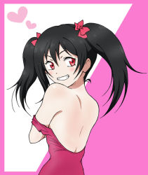Rule 34 | 10s, 1girl, bad id, bad pixiv id, black hair, blush, dress, eleven929rr, from behind, grin, heart, looking back, love live!, love live! school idol project, red eyes, smile, solo, strap slip, twintails, yazawa nico