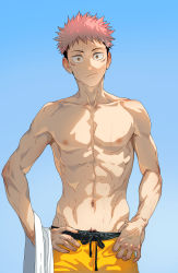 Rule 34 | 1boy, :/, abs, absurdres, alternate costume, bare pectorals, beitemian, brown eyes, brown hair, cowboy shot, drawstring, gradient background, groin, hand on own hip, highres, itadori yuuji, jujutsu kaisen, male focus, male swimwear, multicolored hair, navel, nipples, pectorals, pink hair, red eyes, short hair, solo, spiked hair, swim trunks, swimsuit, toned, toned male, topless male, two-tone hair, undercut, wet, yellow male swimwear, yellow swim trunks