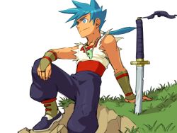 Rule 34 | 1boy, blue eyes, blue hair, breath of fire, breath of fire iv, closed mouth, commentary request, day, gloves, grass, highres, jewelry, magatama, magatama necklace, male focus, necklace, outdoors, ryuu (breath of fire iv), seven77, sitting, solo, spiked hair, sword, weapon, white background