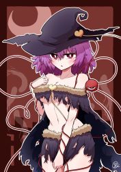 Rule 34 | 1girl, absurdres, alternate costume, bare shoulders, blush, breasts, bright pupils, brown background, cleavage, collarbone, cowboy shot, fur trim, ghost, halloween, halloween costume, hand on own chest, hat, hat ornament, heart, heart hat ornament, heart of string, highres, komeiji satori, looking at viewer, medium breasts, navel, pink eyes, pink hair, scavia10, short hair, sidelocks, signature, simple background, skirt, solo, standing, stomach, string, thighs, third eye, torn clothes, torn skirt, touhou, underboob, white pupils, witch hat