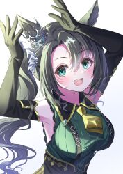 Rule 34 | 1girl, :d, animal ears, bare shoulders, black gloves, black hair, blue eyes, blush, breasts, collared shirt, crown, elbow gloves, gloves, green shirt, hair between eyes, highres, horse ears, horse girl, large breasts, long hair, looking at viewer, mini crown, necktie, open mouth, parted bangs, parted hair, ribbed shirt, satono crown (umamusume), shirt, side ponytail, sidelocks, simple background, sleeveless, sleeveless shirt, smile, solo, sparkle, takenaka takeshi, teeth, umamusume, upper body, upper teeth only, very long hair, white background, yellow necktie