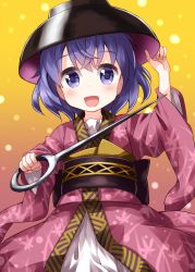 Rule 34 | 1girl, black hat, black sash, bowl, bowl hat, cowboy shot, dotted background, gradient background, hand on headwear, hat, highres, holding, holding needle, japanese clothes, kimono, long sleeves, looking at viewer, needle, needle sword, open mouth, orange background, pink background, pink kimono, print kimono, purple eyes, purple hair, ruu (tksymkw), sash, short hair, smile, solo, standing, sukuna shinmyoumaru, touhou, wide sleeves, yellow background