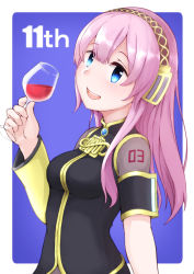 Rule 34 | 1girl, alcohol, anniversary, armband, black shirt, blue background, blue eyes, commentary, cup, detached sleeves, drinking glass, gold trim, half-closed eyes, hand up, head tilt, headphones, highres, holding, holding cup, long hair, matsuhisa (ryo-tsuda1), megurine luka, open mouth, pink hair, see-through, shirt, short sleeves, shoulder tattoo, single detached sleeve, smile, solo, tattoo, vocaloid, wine, wine glass