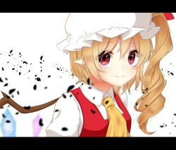 Rule 34 | 1girl, ascot, bad id, bad pixiv id, blonde hair, breasts, commentary request, crystal, flandre scarlet, hair between eyes, hat, hat ribbon, highres, letterboxed, long hair, looking at viewer, medium breasts, mob cap, one side up, pointy ears, puffy short sleeves, puffy sleeves, red eyes, red ribbon, red vest, ribbon, shinonome asu, shirt, short sleeves, simple background, smile, solo, touhou, upper body, vest, white background, white hat, white shirt, wings, yellow ascot