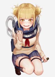 Rule 34 | 10s, 1girl, bad id, bad pixiv id, blonde hair, blunt bangs, blush, boku no hero academia, double bun, fangs, full body, grey background, hair bun, highres, holding, holding weapon, knife, loafers, long sleeves, looking at viewer, messy hair, neckerchief, nose blush, open mouth, pleated skirt, scarf, school uniform, shoes, short hair, simple background, skirt, smile, socks, solo, squatting, sweater, teeth, thigh strap, toga himiko, weapon, yellow eyes, yizhirenben