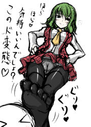Rule 34 | &gt; &lt;, 1girl, breasts, cameltoe, cleft of venus, closed eyes, female focus, femdom, green hair, hands on own hips, heart, jema, kazami yuuka, panties, panties under pantyhose, pantyhose, simple background, smile, solo, thighband pantyhose, touhou, translation request, underwear, white background