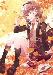 Rule 34 | 1girl, absurdres, ahoge, aoi yugina, autumn, autumn leaves, bag, black socks, blazer, blunt bangs, blurry, blurry background, blush, book, bow, brown hair, collared shirt, frilled skirt, frills, full body, grey shirt, hair bow, hair ornament, hairband, hairclip, hand up, highres, holding, holding leaf, jacket, leaf, long sleeves, looking at viewer, low twintails, medium hair, messy hair, necktie, one eye closed, open clothes, open jacket, original, parted lips, plaid, plaid skirt, pleated skirt, red eyes, red skirt, shirt, shoes, sitting, skirt, socks, solo, squirrel, twintails, uniform