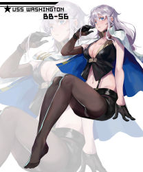 Rule 34 | 1girl, absurdres, adjusting hair, alternate hair length, alternate hairstyle, azur lane, black gloves, black pantyhose, blue eyes, breasts, character name, choker, cleavage, coat, cropped jacket, earrings, elbow gloves, full body, gloves, hand in own hair, highres, invisible chair, jacket, jacket on shoulders, jewelry, large breasts, legs together, long hair, looking at viewer, midriff, miniskirt, narakuuu, navel, overall skirt, panties, pantyhose, pantyshot, parted lips, silver hair, simple background, sitting, skirt, sleeveless, solo, underwear, washington (azur lane), white background, white panties, zoom layer