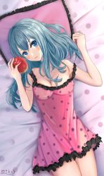 Rule 34 | 1girl, apple, aqua eyes, aqua hair, blush, breasts, commentary, cowboy shot, dress, food, frilled dress, frills, from above, fruit, hatsune miku, head tilt, highres, holding, holding food, holding fruit, lingerie, long hair, looking at viewer, lying, medium breasts, mike81277424, on back, parted lips, pillow, pink dress, polka dot, polka dot blanket, polka dot dress, romeo to cinderella (vocaloid), skinny, solo, underwear, vocaloid