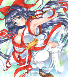 Rule 34 | 1girl, armpits, artist name, at classics, blue eyes, blue hair, blush, bow, breasts, brown footwear, dutch angle, fingerless gloves, gloves, hair bow, hairband, hip vent, holding, holding knife, holding weapon, knife, large breasts, long hair, looking at viewer, nakoruru, parted lips, red bow, sample watermark, samurai spirits, shoes, short sleeves, solo, traditional media, watermark, weapon