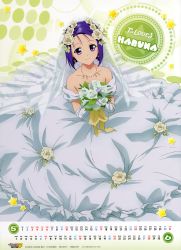 Rule 34 | 00s, 1girl, absurdres, bouquet, bridal veil, bride, calendar, character name, copyright name, dress, earrings, elbow gloves, flower, gloves, hair flower, hair ornament, highres, holding, holding bouquet, jewelry, kutsuzawa youko, necklace, purple eyes, purple hair, sairenji haruna, short hair, solo, star (symbol), to love-ru, veil, wedding dress, white dress, white gloves