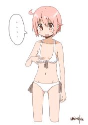 Rule 34 | ..., 1girl, ahoge, bare arms, bare shoulders, bikini, blush, breast conscious, cosplay, cropped legs, dot nose, empty eyes, flat chest, hand on own chest, ichii yui, ichii yui (cosplay), looking down, nonohara yuzuko, open mouth, pink eyes, pink hair, short hair, side-tie bikini bottom, signature, simple background, solo, speech bubble, spoken ellipsis, standing, swimsuit, umiroku, white background, white bikini, yuyushiki