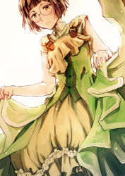 Rule 34 | 1girl, brown eyes, brown hair, curtsey, dress, dutch angle, erica brown, feet out of frame, glasses, green dress, ren mizuha, serious, short hair, short sleeves, simple background, skirt hold, solo, standing, violet evergarden (series), white background