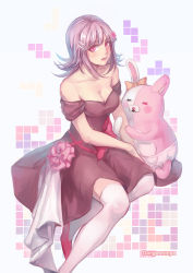 Rule 34 | 1girl, alternate costume, animal ears, bare arms, bare shoulders, blush, bow, breasts, cleavage, collarbone, colored skin, commentary request, copyright name, danganronpa (series), danganronpa 2: goodbye despair, danganronpa 3 (anime), dress, ear bow, ear ribbon, flipped hair, flower, hair flower, hair ornament, hairclip, highres, large breasts, looking at viewer, monomi (danganronpa), multicolored skin, nakadai chiaki, nanami chiaki, parted lips, pink eyes, pink hair, rabbit, rabbit ears, red bow, red dress, red flower, short hair, thighhighs, two-tone skin, white thighhighs