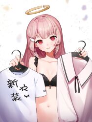 Rule 34 | 1girl, black bra, bra, breasts, cleavage, closed mouth, clothes, clothes hanger, collarbone, hair ornament, halo, hands up, highres, holding, holding clothes hanger, indie virtual youtuber, long hair, looking at viewer, navel, pink hair, pink shirt, red eyes, shirt, small breasts, smile, solo, sunano reona, tokusari kukuri, underwear, upper body, virtual youtuber, white shirt