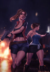 Rule 34 | 2girls, bare shoulders, bike shorts, black shirt, black skirt, blue eyes, blue shorts, breasts, brown footwear, brown hair, claire redfield, cleavage, closed mouth, embers, green vest, gun, handgun, highres, holding, holding gun, holding weapon, jill valentine, large breasts, machine pistol, midriff, miniskirt, multiple girls, navel, open clothes, open vest, parted lips, personal ami, pistol, ponytail, resident evil, shirt, short hair, short shorts, shorts, signature, skirt, standing, strapless, submachine gun, tube top, uzi, vest, weapon