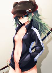 Rule 34 | 1girl, absurdres, alternate costume, anchor symbol, animal ears, badge, bear ears, blush, breasts, closed mouth, coat, collarbone, commentary request, cowboy shot, eyepatch, fake animal ears, green eyes, green hair, hair between eyes, hat, highres, holding, holding sword, holding weapon, kantai collection, kiso (kancolle), long hair, long sleeves, looking away, makura (y makura), naked coat, navel, paw print, simple background, small breasts, solo, standing, sword, weapon, zipper