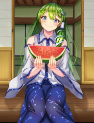 Rule 34 | 1girl, bare shoulders, blue skirt, closed mouth, collared shirt, detached sleeves, food, frog hair ornament, fruit, green hair, grey eyes, hair ornament, hair tubes, highres, holding, holding food, kochiya sanae, long hair, looking at viewer, meguri39, nontraditional miko, outdoors, shirt, shrine, skirt, smile, snake hair ornament, solo, touhou, watermelon, watermelon slice, white shirt, wide sleeves