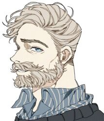 Rule 34 | 1boy, beard, blue eyes, collared shirt, facial hair, from side, full beard, light brown hair, light smile, looking at viewer, male focus, mature male, mustache, original, portrait, profile, shirt, sideburns stubble, solo, stubble, thick beard, thick eyebrows, thick mustache, where hao