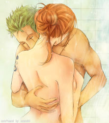 Rule 34 | 1boy, 1girl, back, bare shoulders, breasts, completely nude, couple, from behind, green hair, hair bun, hair tie, hand on back, hetero, hug, long hair, meru90, mixed-sex bathing, nami (one piece), nude, one piece, orange hair, roronoa zoro, scar, shared bathing, short hair, showering, single hair bun, small breasts, tattoo, topless, topless male, wet