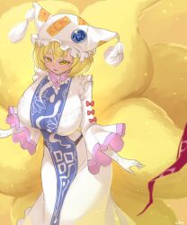 Rule 34 | 1girl, blonde hair, bra visible through clothes, breasts, dress, fox girl, fox tail, gloves, hat, highres, large breasts, mob cap, open mouth, short hair, smile, solo, tail, touhou, uzda ricecake, wide hips, wide sleeves, yakumo ran, yellow eyes
