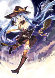 Rule 34 | 1girl, :d, bare shoulders, bison cangshu, black gloves, blue eyes, blue hair, broom, broom riding, elbow gloves, full moon, gloves, halloween, hat, hatsune miku, long hair, looking at viewer, matching hair/eyes, moon, navel, open mouth, riding, smile, solo, striped clothes, striped legwear, striped thighhighs, thighhighs, twintails, very long hair, vocaloid, witch hat