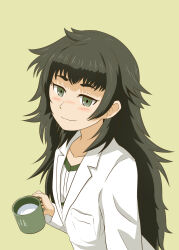 Rule 34 | 1girl, blush, brown hair, coat, collarbone, cup, flat chest, from above, green eyes, highres, hiyajou maho, holding, holding cup, lab coat, long hair, looking to the side, messy hair, morinaka hajime, simple background, smile, solo, steins;gate, upper body, white coat, yellow background